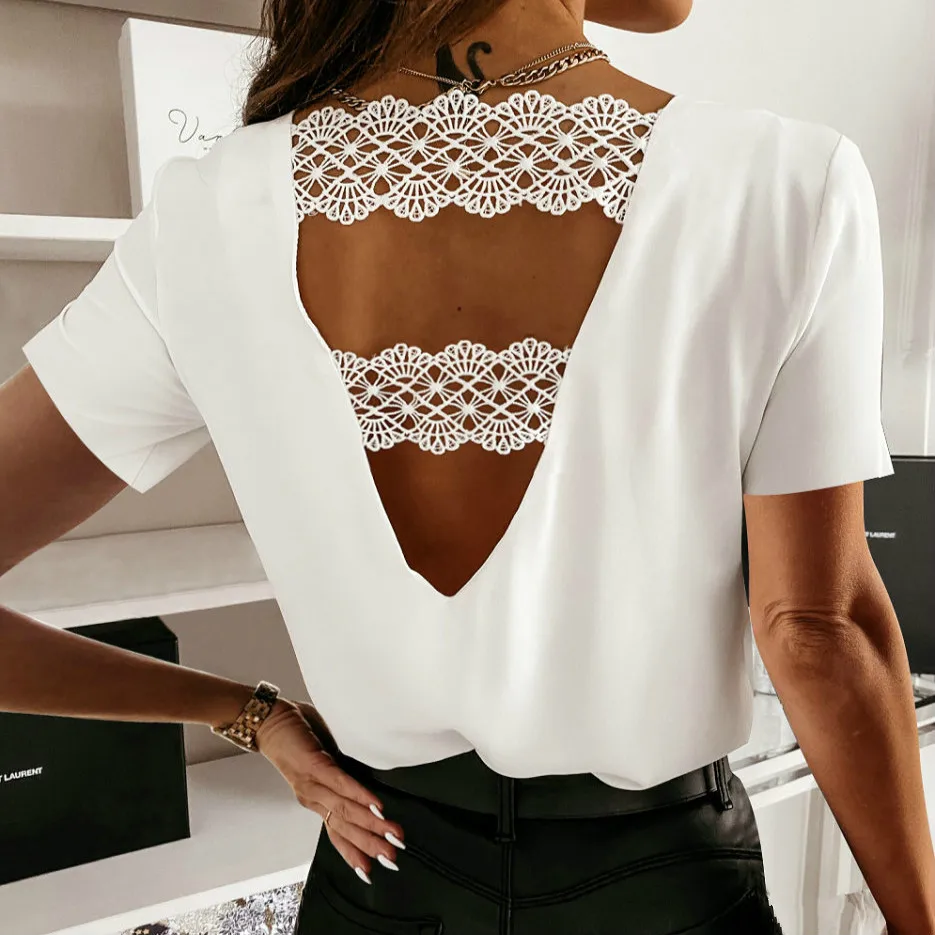 

Кружевное платье с v-образным вырезом, рубашки Элегантная футболка с длинными рукавами, летние топы с коротким рукавом, отделка пуловер Топы...