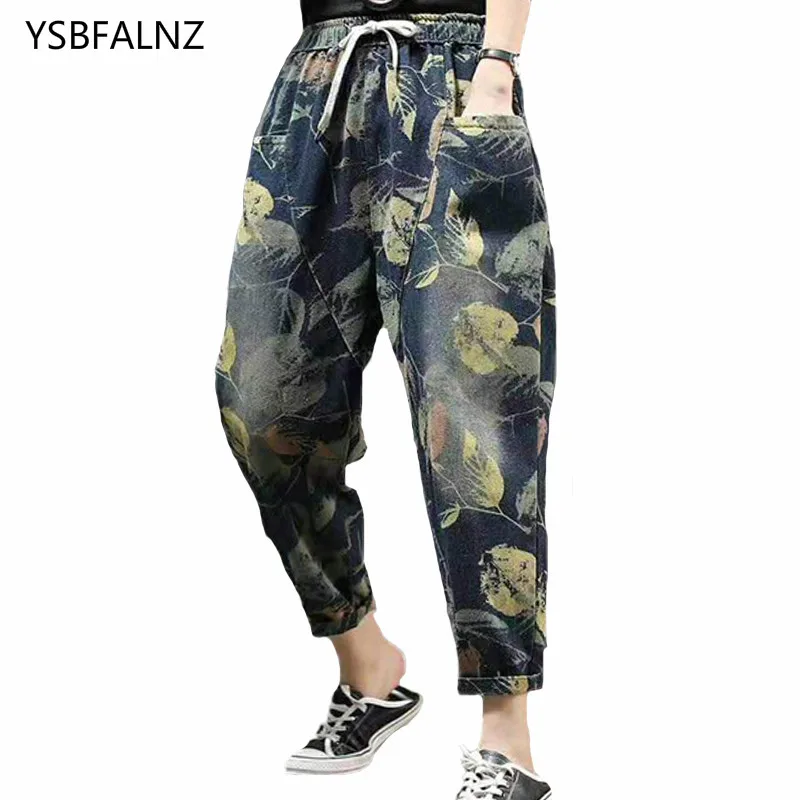 2022 New Summer Chinese Fashion Ladies Vintage Denim Trousers Womens Floral Printed Slouchy Loose Jeans Elastic Pants Size