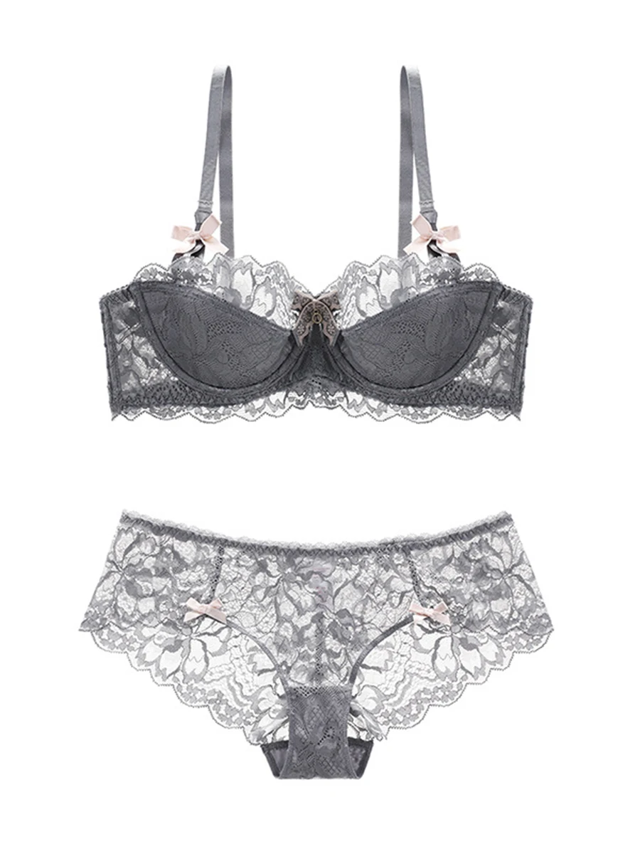 

Sale Women Lace Sexy Lingerie Bra Sets Gray Push Up Bra Underwire Briefs Bow Transparent Ladies Thin Breathable Underwear Set