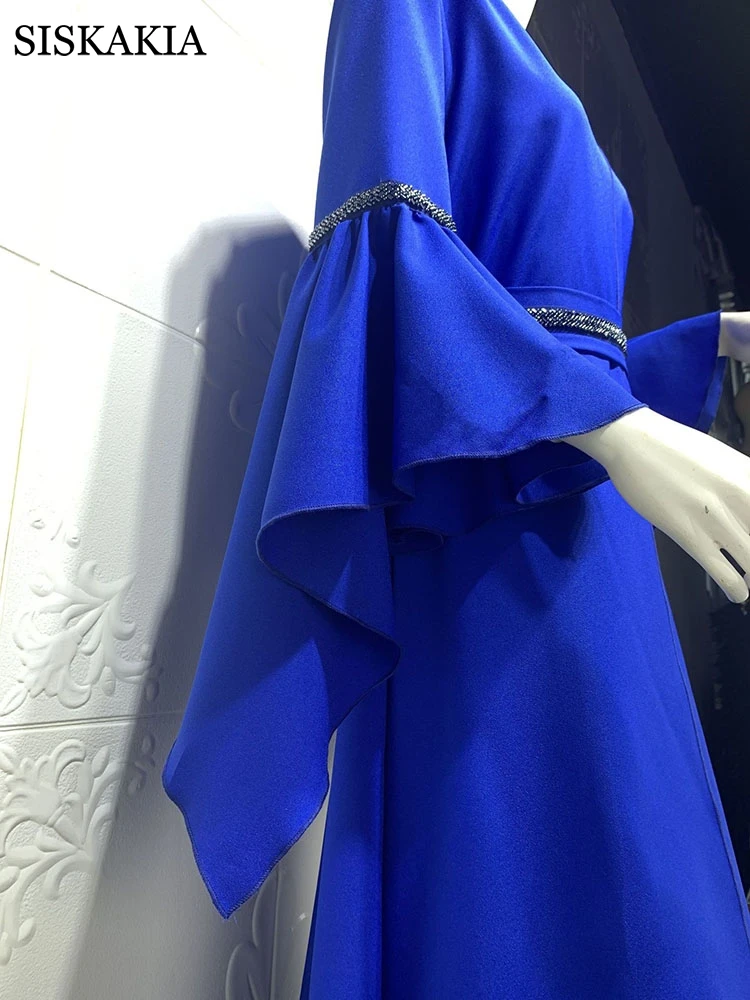 

Siskakia Maxi Dress for Women Spring 2021 New Notched Stand Neck Ruffle Long Sleeve Dubai Kaftan Arabic Turkish Oman Clothes New