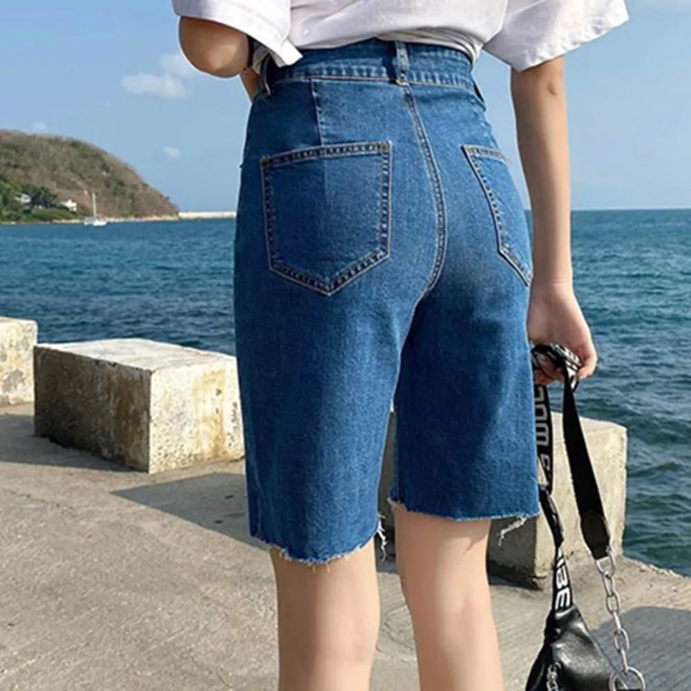 Женские джинсовые шорты с завышенной талией белые шорты-бермуды до колена лето