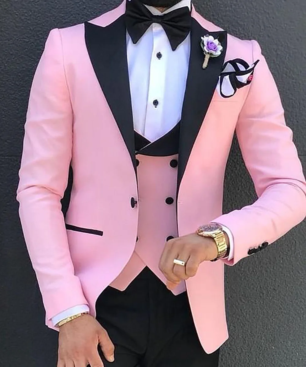 Мужской костюм из 3 предметов строгий приталенный однотонный смокинг с отворотом