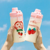 500ml fashion strawberry glass water bottle with straw creative simple portable transparent milk juice cup with protective bag