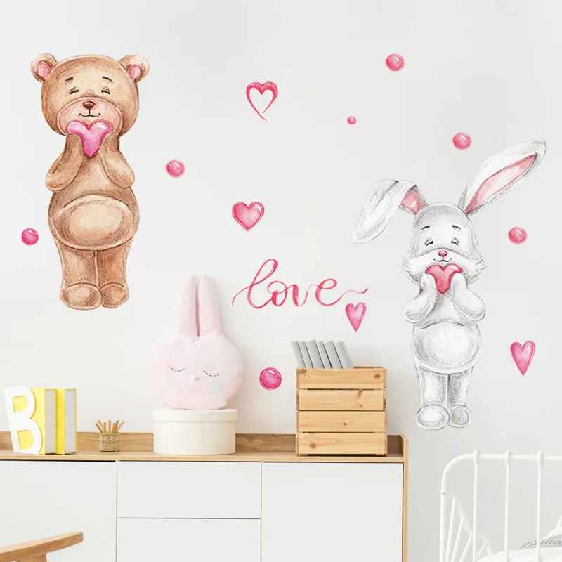 

Cartoon Bear Rabbit Love Kid's Room Wall Stickers Kindergarten Bedroom Home Decor Wallpaper Baby Room Art Cute Wall Stickers