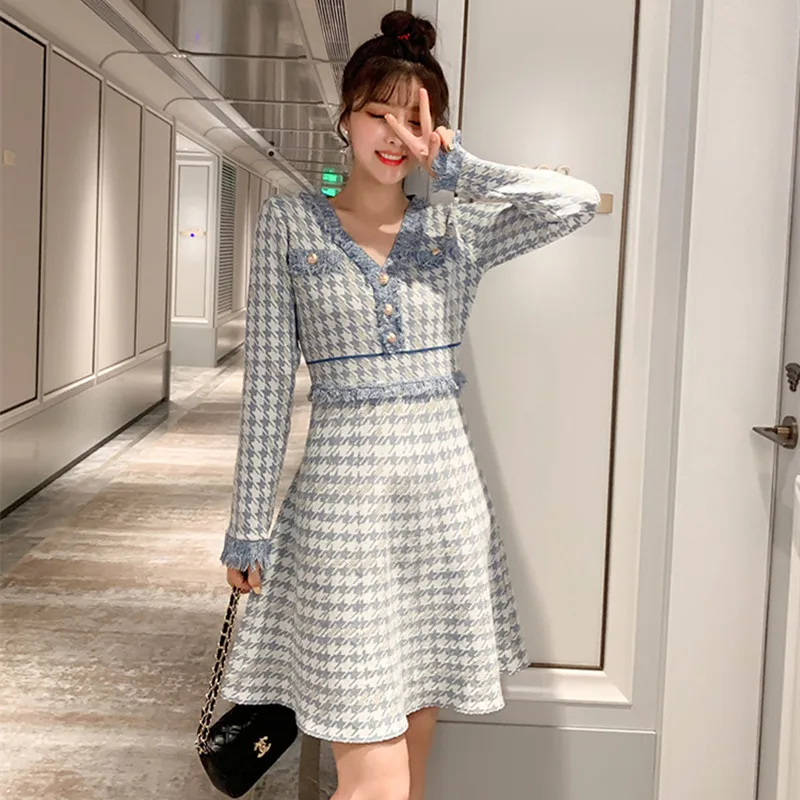 

2020 New Fashion Autumn Dress Women Elegant Vintage Houndstooth Dresses Ladies Runway Jacquard knitting Dress
