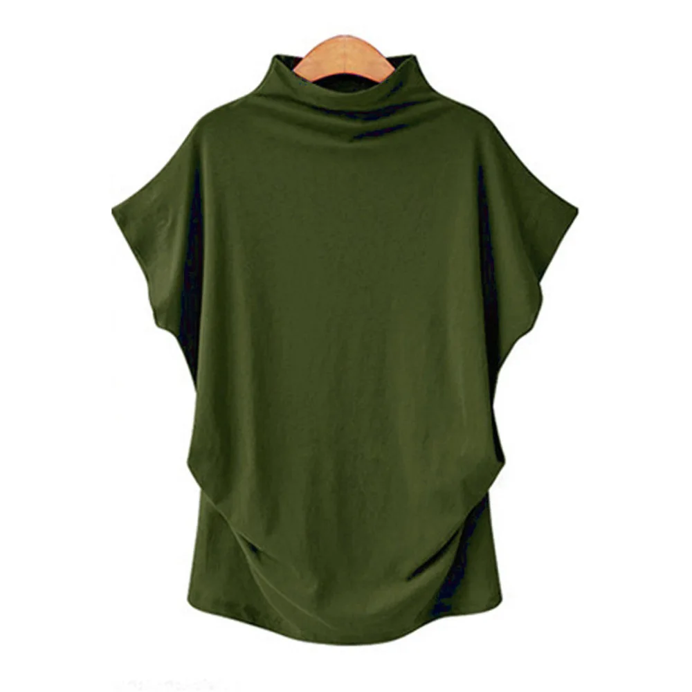 

2021 New Style Summer T-Shirt Women New Girls Solid Color Big Size Loose Half high collar Bat sleeve