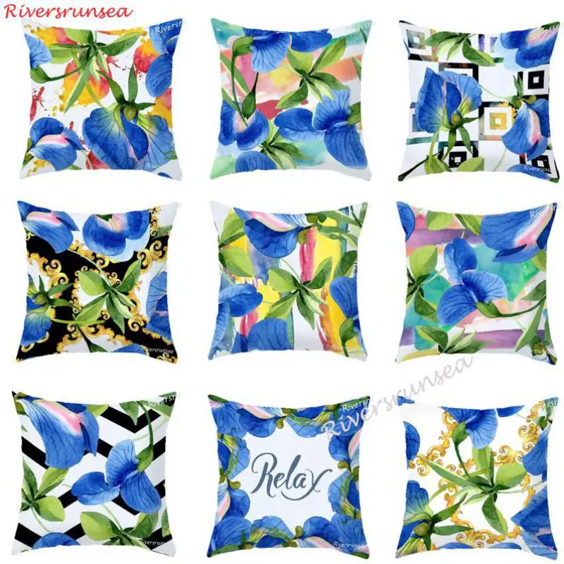 Акварель синий цветок Подушка пасторальный сад растение зеленый лист