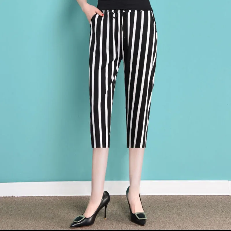

Pencil Pants Spring Summer Women Thin Style High Waist Ankle-length Calf-Length Pants Female Loose Casual Striped Trouser KK0010