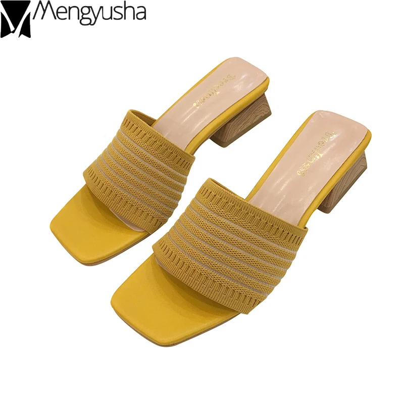 Вязаные тапочки ярких цветов из эластичной ткани обувь на высоком каблуке с