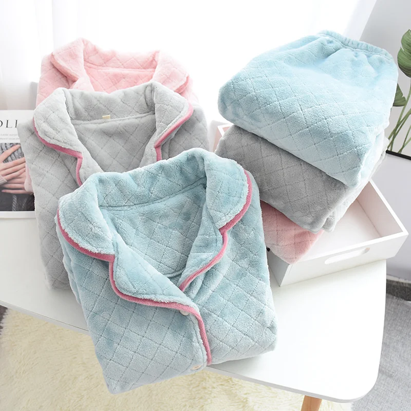 2021 Winter New Flannel Thickened Women's Pajamas Set Diamond Lattice Suit Collar Home Clothes pajama set