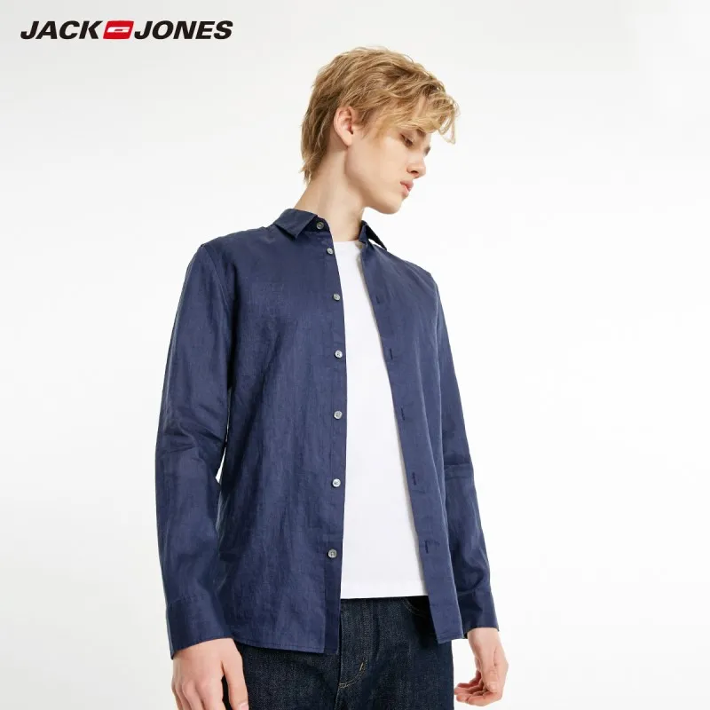 JackJones Мужская льняная рубашка с длинным рукавом мужская одежда 219105522 - Цвет: NIGHT SKY