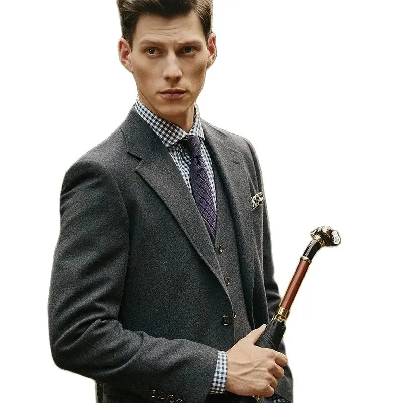 

Шерстяные серые мужские костюмы в комплекте, одежда для рождественской вечеринки, тонкий стиль, Осень-зима 2022, теплая однобортная повседневная мужская одежда