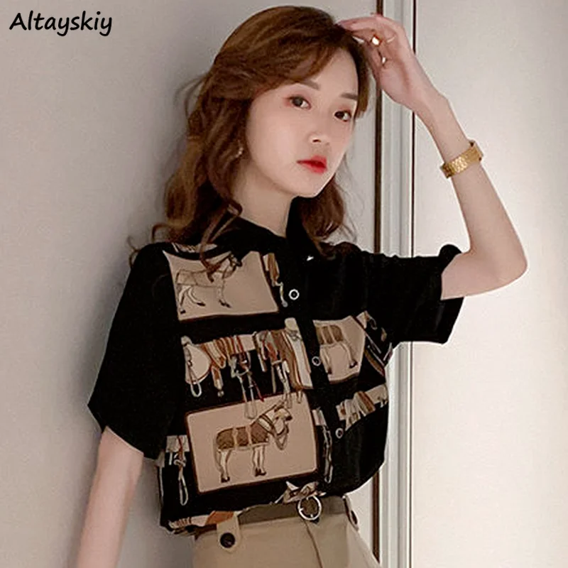 

Shirts Women Loose Leisure Korean Version Print Turn-down Collar Short Sleeve Fashionable Femme Tops All-match Summer Retro Chic