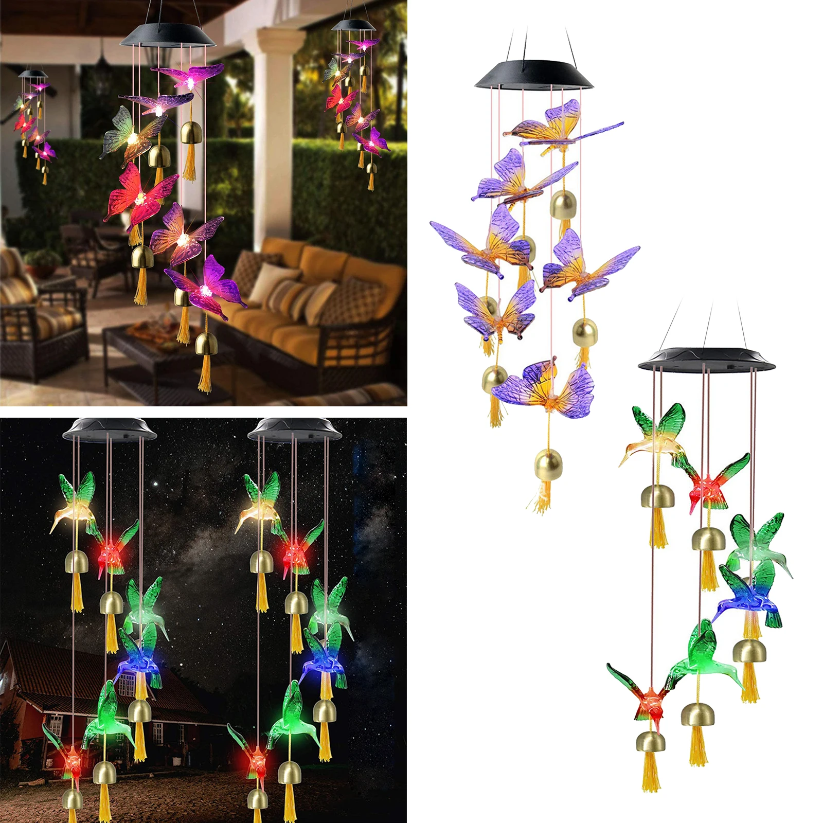 

LED Solar Hummingbird/Butterfly Wind Chime, Changing Color Waterproof Wind Chimes for Home Party Night Garden Decoration