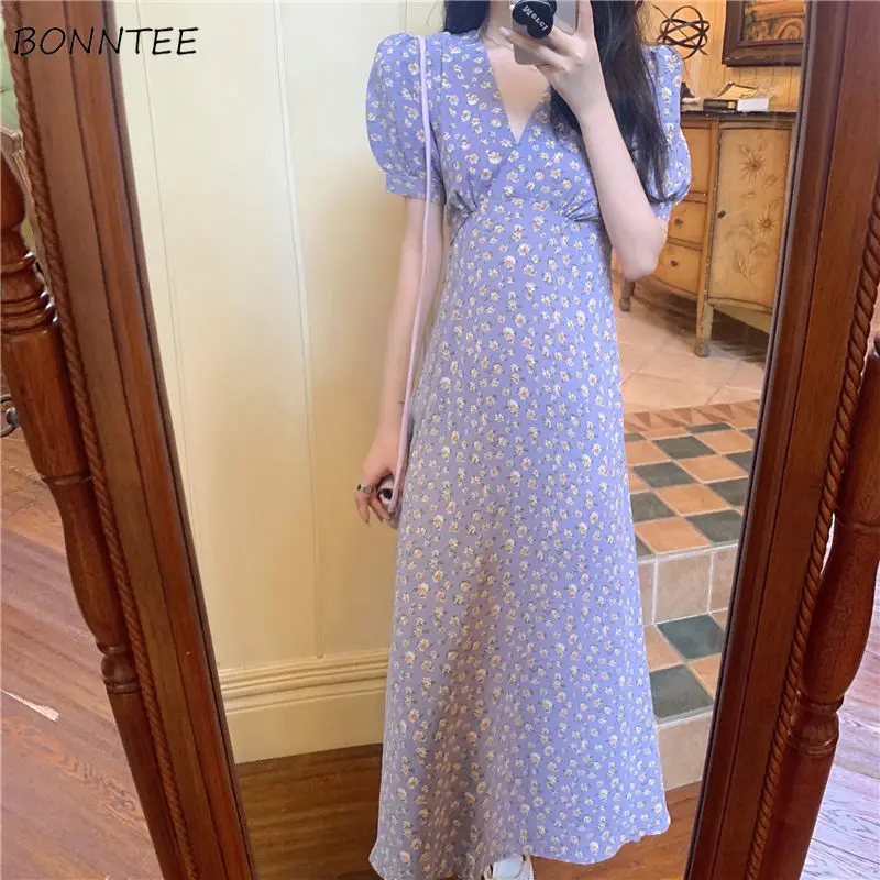 

Женские платья с V-образным вырезом, нежные Летние Стильные повседневные платья с цветочным рисунком, с пышными рукавами, в стиле Ins, уличная ...