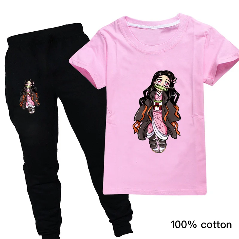 

Japan Princess Baby Girls Tracksuit Unisex Hot Demon Slayer Tshirt Graphic Tops and Pant Kimetsu No Yaiba Anime Cute Clothes Set