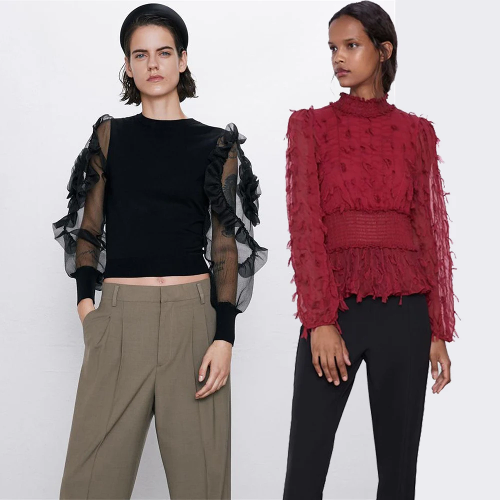 Женская красная рубашка с кисточками ZA трендовая черная из органзы длинным