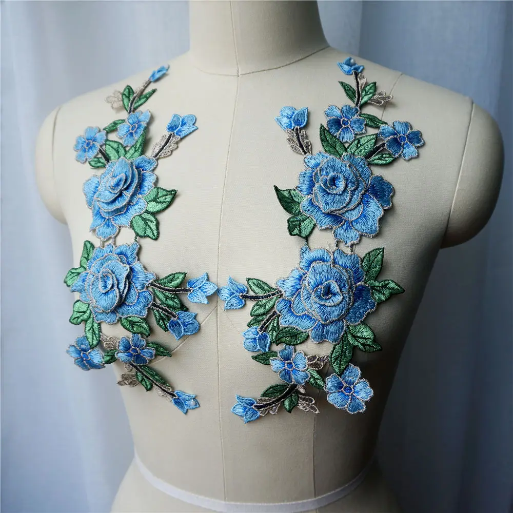 2 шт. Голубая роза 3D цветы вышитая одежда Аппликации Кружева текстильные оборки