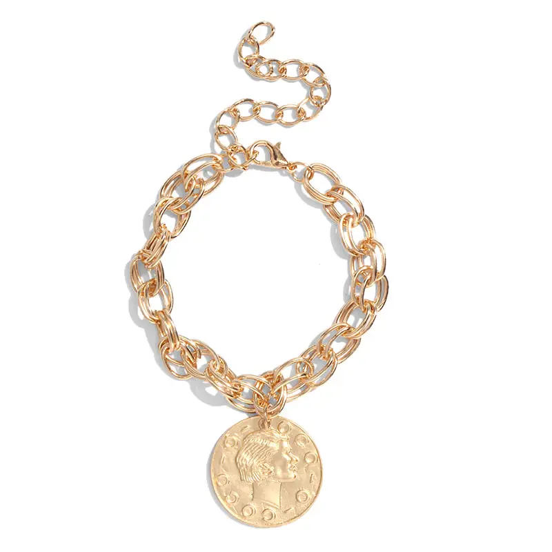 Flatfoosie Charms Multilayers Pearl Coin Chain Bracelet Bangles For Women Fashion Gold Color Portrait Bracelets Femme Jewelry - Metal Color: GD