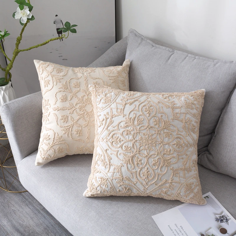 

50x50cm American Whole Twine Embroidery Flower Pillowcase Villa Cafe Linen Home Living Room Sofa Bed Cushion Cover