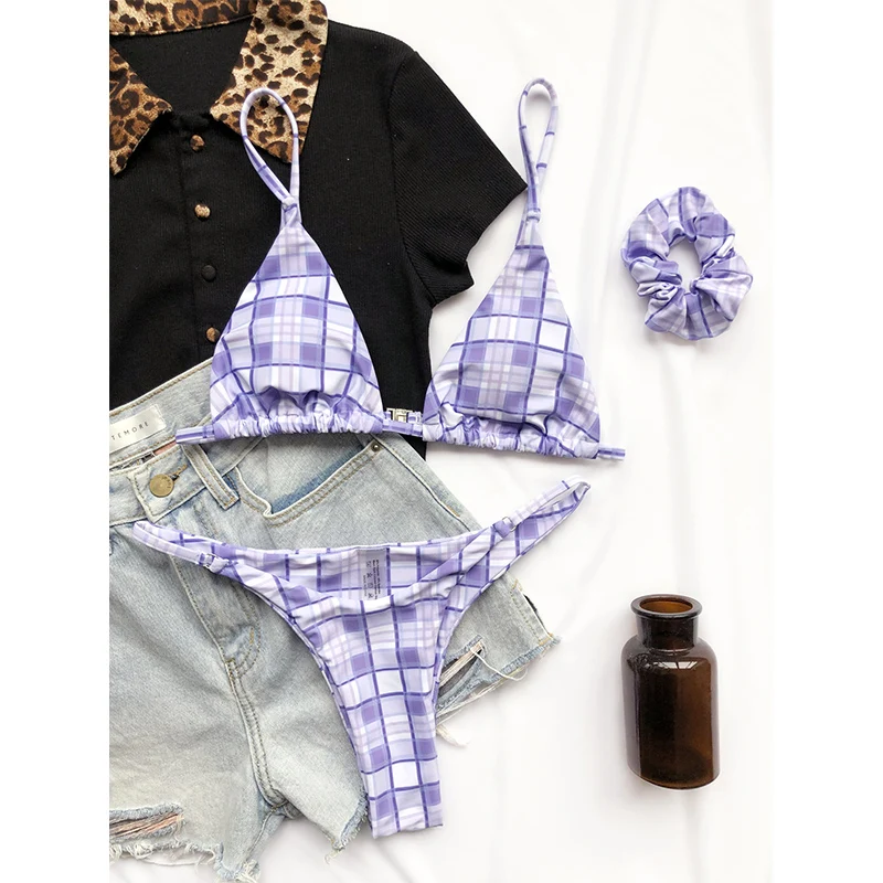 

Plaid Thong Bikini Set Sexy Triangle Push Up Women's Swimsuits Summer Backless Swimwear Beach Wear Mini Biqiuni Female