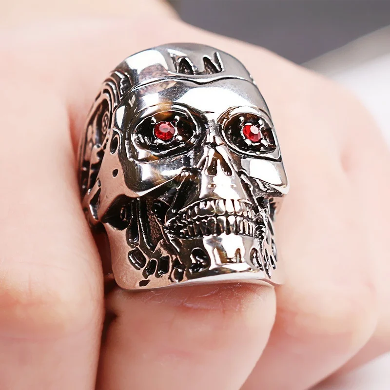 

New Popular Gothic Exaggerated Silver Skull Inlaid Red Zircon Personalized Ring Jewelry Anniversary Gift