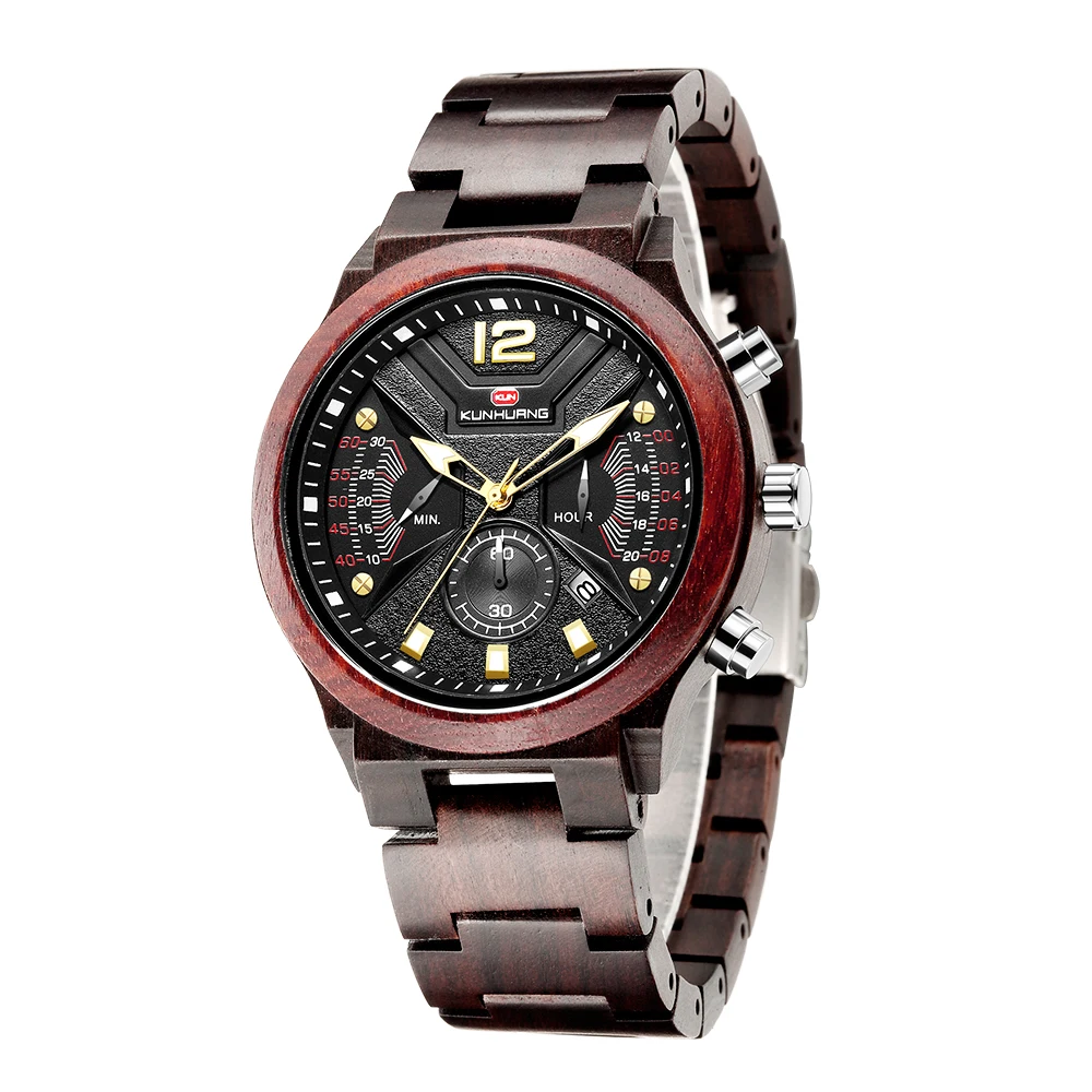 Часы мужские деревянные кварцевые спортивные водонепроницаемые с хронографом |