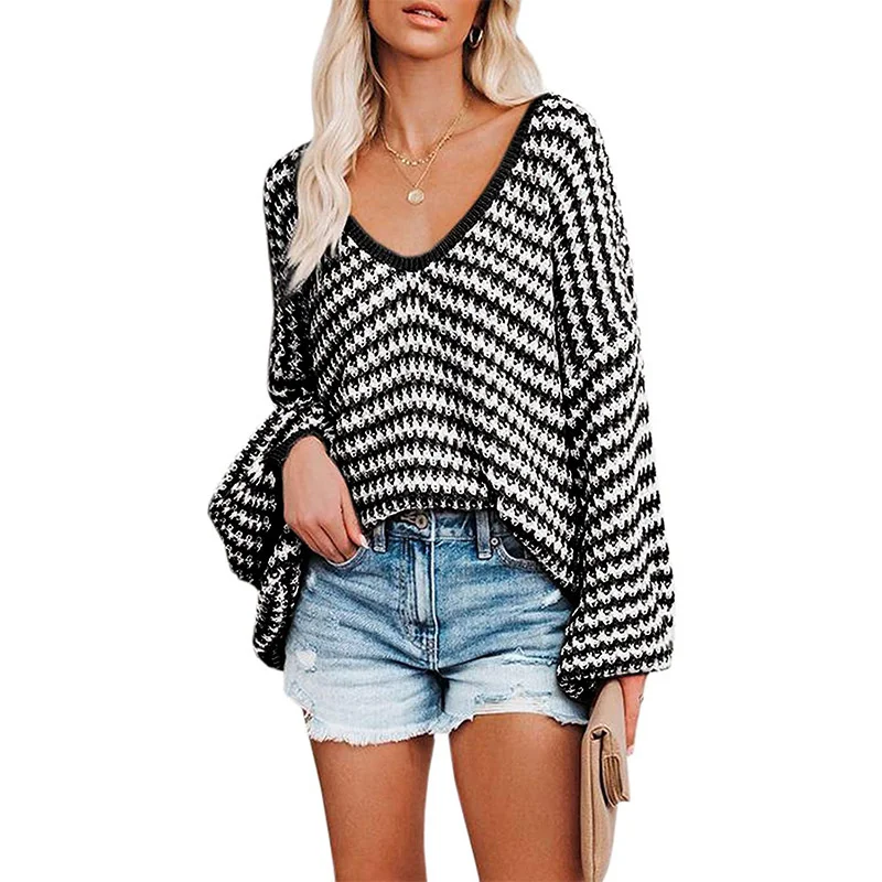 

Женский свитер в полоску, с V-образным вырезом и рукавом «летучая мышь»