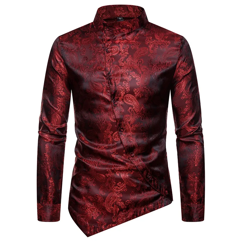 Stylish Luxury Silk Shirt Men 2019 Satin Smooth Solid Casual Slim Fit Shiny Wine Red Wedding Dress Shirts | Мужская одежда