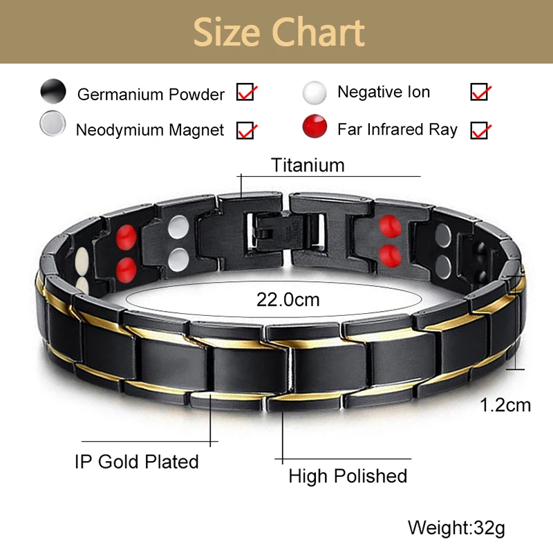 Черный 2-рядный магнитный браслет из чистого титана очаровательный для здоровья