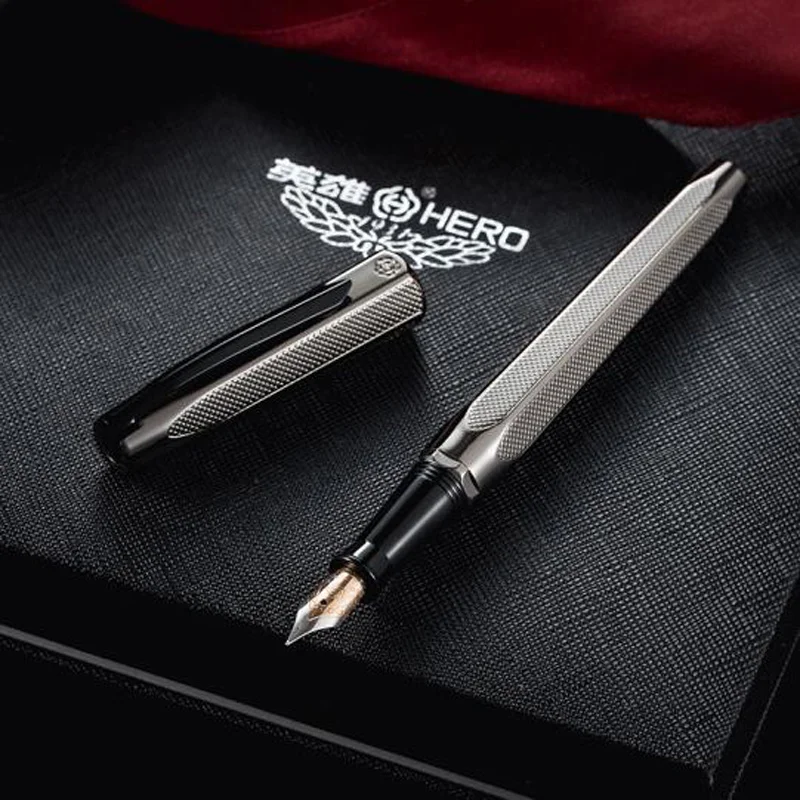 

Hero 2191 14K Gold Nib Elegant Collection Fountain Pen Grey Engraving Ripples Two-head M Nib Pen For Office & Home W/Gift Box