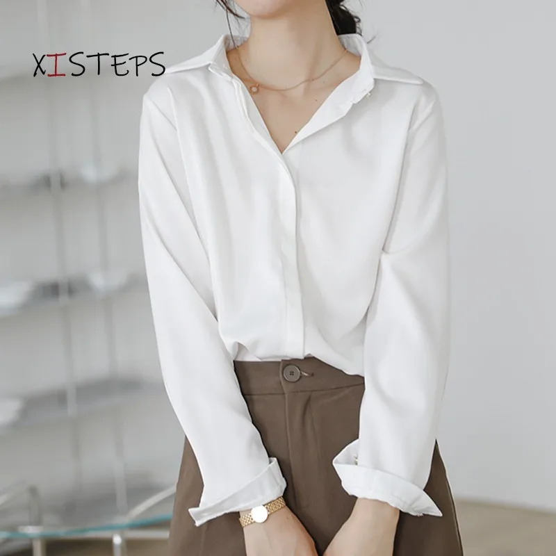 Elegant Satin Blouses For Women 2021 Spring Autumn OL Style Shirts Blue White Ladies Office Work Tops Professional Suit Clothes