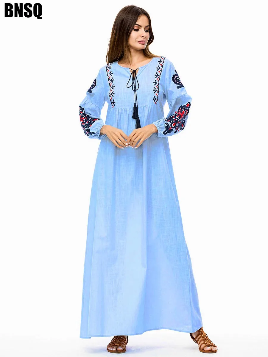 blue BNSQ женские мусульманские Длинные платья плюс размер халат вышивка abaya открытый Дубай Парер Рамадан Повседневный кафтан длинное платье - Цвет: blue
