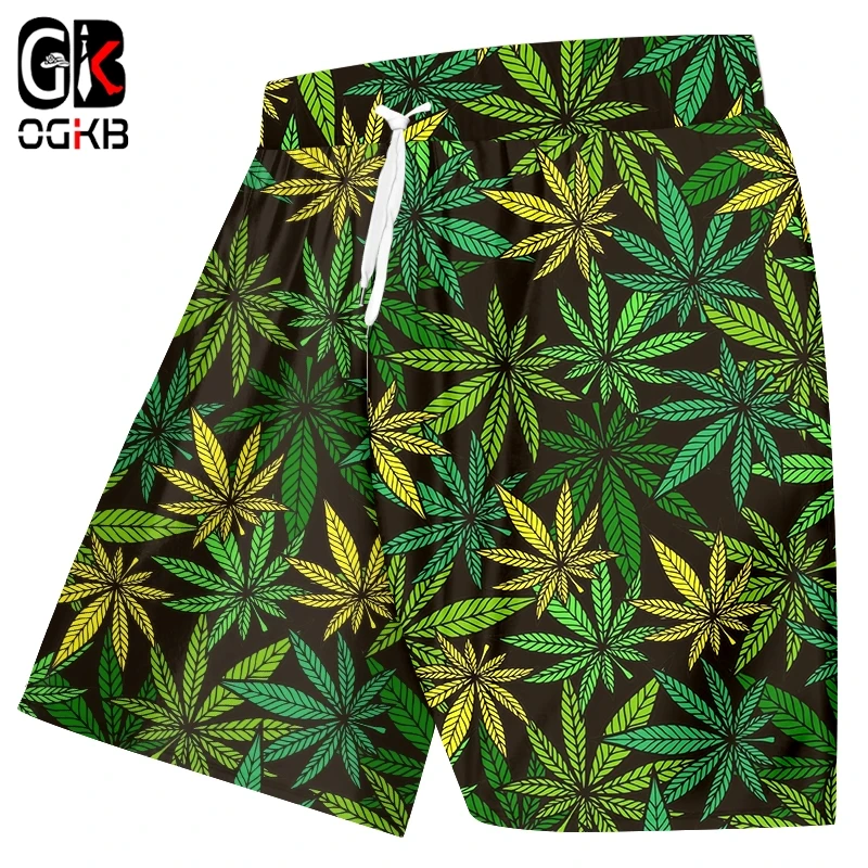 

OGKB мужские шорты, дымчатые листья, повседневная мужская уличная одежда с 3D принтом, летний модный женский купальник с зелеными листьями
