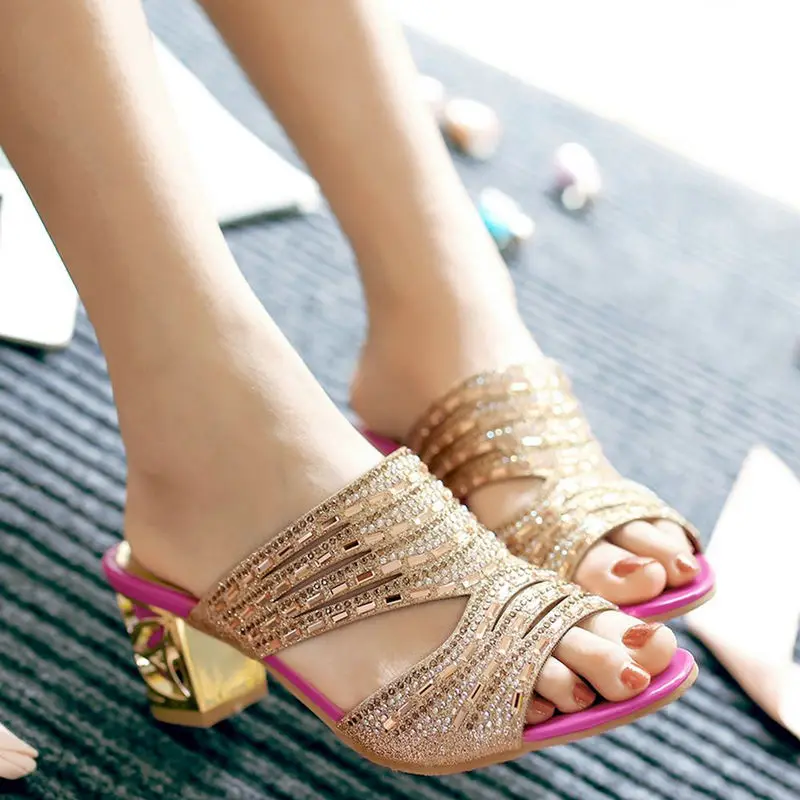 

AGODOR Hot Pink Slides for Women Open Toe Mules Glitter Sandals Shoes Women Slippers All Match Ladies Sparkly Slides Size 33-43