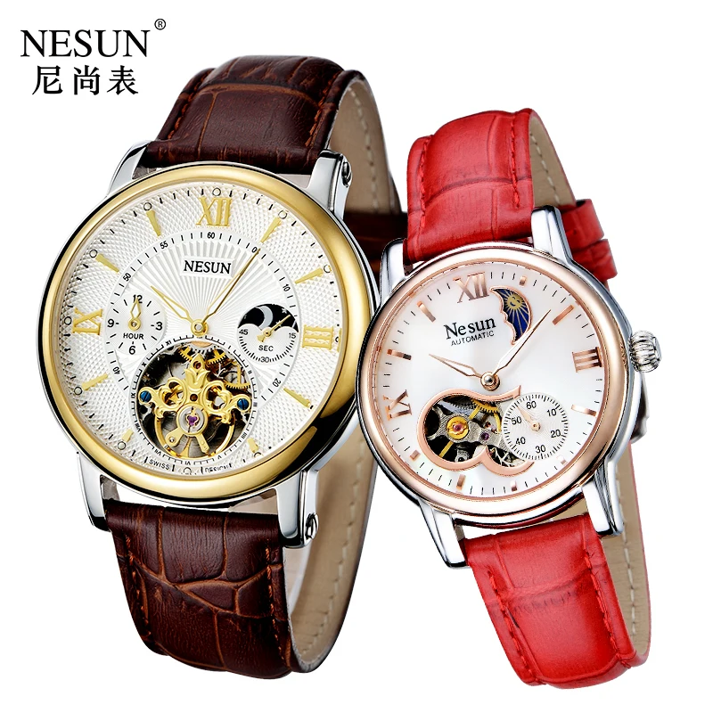 Швейцарские часы Nesun Hollow Tourbillon для мужчин и женщин, роскошные брендовые автоматические механические часы для пар, сапфировые часы N9091L