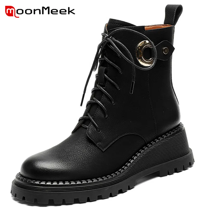 

MoonMeek 2022 New Arrive Genuine Leather Ankle Boots Women Wedges Shoes Vintage Metal Decoration Casual Short Boots Woman