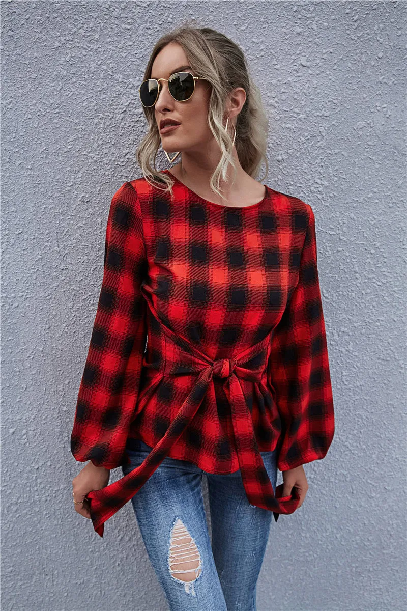 Женская модная клетчатая рубашка в стиле ретро пуловер с круглым вырезом и