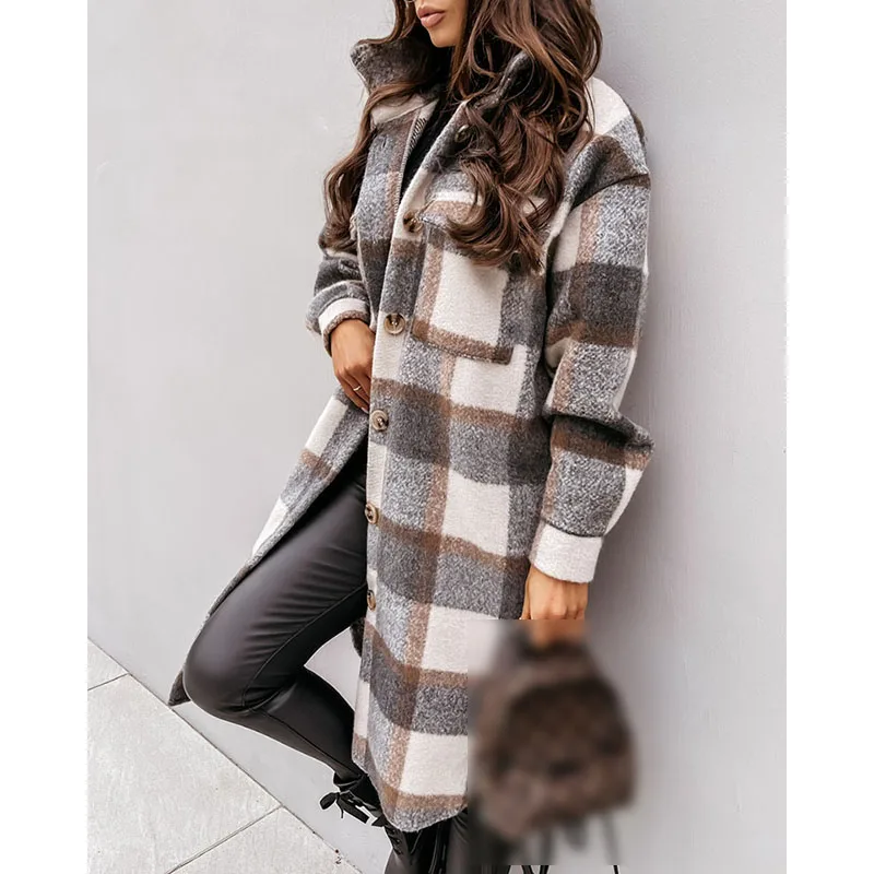 

Woolen Coat Women Full Sleeve Plaid Print Turn Down Collar Button Casual 2021 Autumn Winter Elegant Ladies Long Jacket SJ8814R