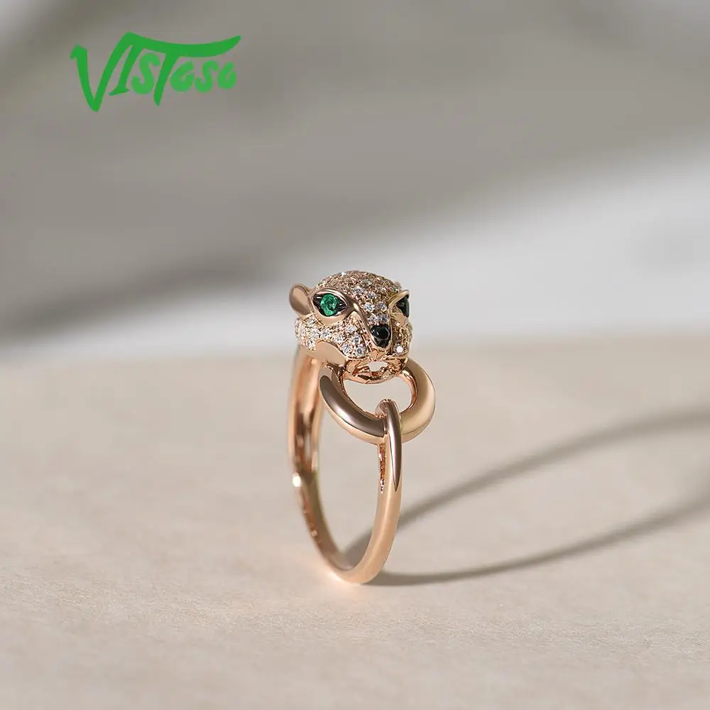VISTOSO, золотые кольца для женщин, Настоящее 14 к, 585 розовое золото, леопард, кольцо, изумруд, сверкающий бриллиант, помолвка, юбилей, хорошее ювелирное изделие