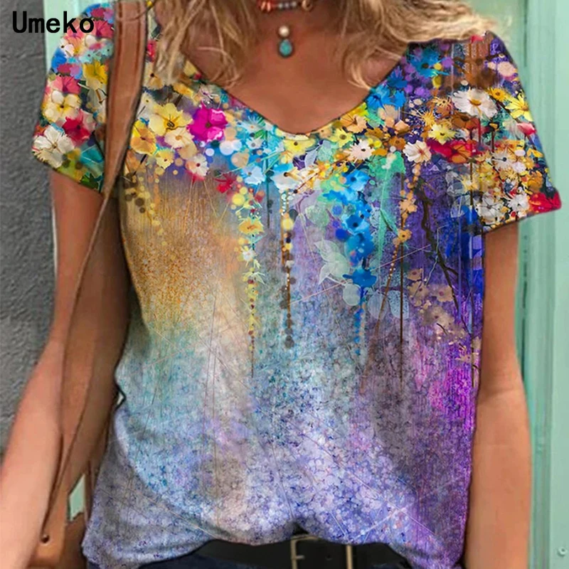 

Graphic Tee Shirts Clothing Plus Size 5XL Summer New Fashion Women V-neck Flower Print Short Sleeve Casual Loose T-shirt Y2k Top