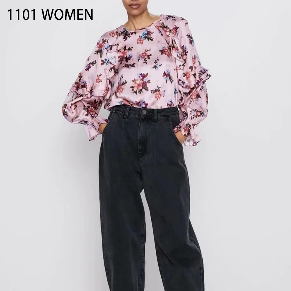 Женская рубашка ZA розовая с цветочным принтом длинным рукавом и о вырезом| |