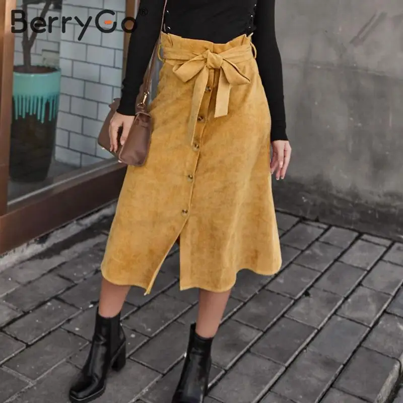 Женская Вельветовая юбка-трапеция BerryGo винтажная Юбка-миди с поясом и высокой