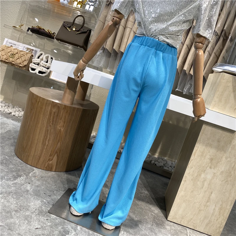 

Elastic-waist Drape Feeling Versatile Casual Pants 2021 New Solid Color Texture High Waist To Show Thin Floor Trousers