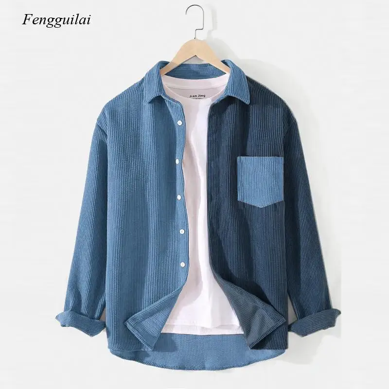 

Men's Spring and Autumn Corduroy Shirt Long-Sleeved Shirt Contrast Color Shirt Fashion Plus Size Men