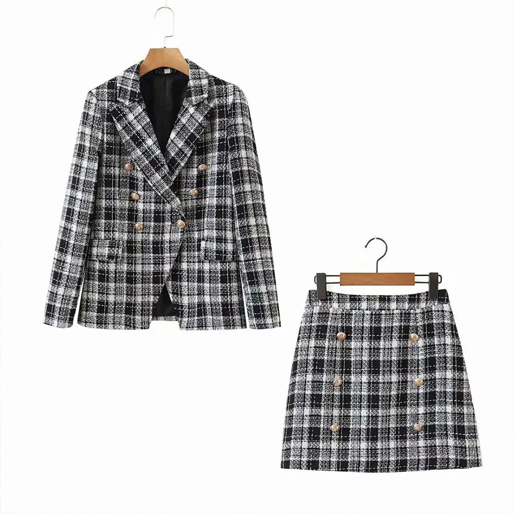 

Za Women 2021 New Fashion With Metal Buttons Tweed Check Mini Skirt Vintage A Line High Waist Back zipper Female Skirts Mujer
