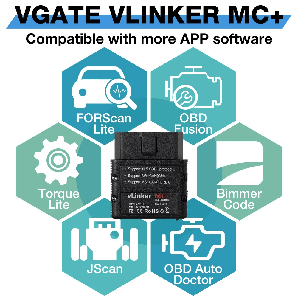 Автомобильный диагностический сканер Vgate VLinker MC + ELM327 Bluetooth/Wi-Fi OBD2 PK OBDLINK V1.5 |