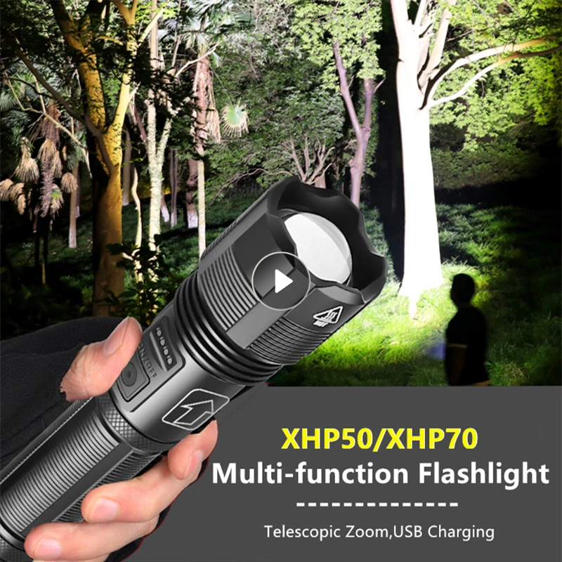 

Powerful Flashlight XHP50/XHP70 Glare Torch Telescopic Zoom Flashlight 5 Modes USB Outdoor Camping Hike Emergency Torch Lantern