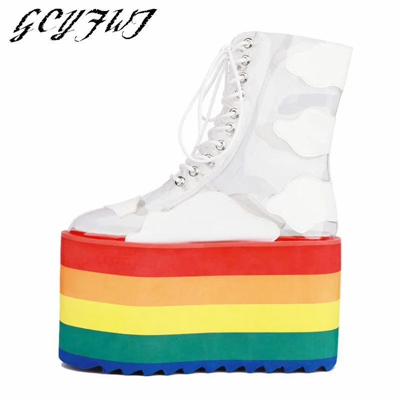 

Women's Mid Calf Boots Flat Platform Cross-tied Thick Bottom High Heel Women Shoes Printing Transparent Rainbow Zapatillas Mujer