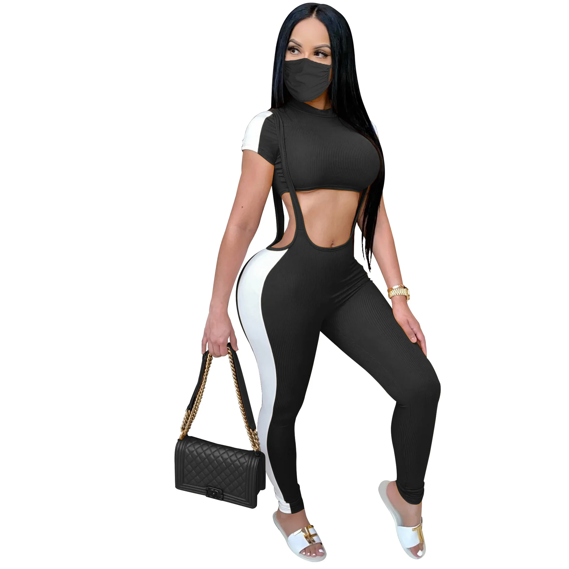 Sexy Club Women 2 Peice Set Turtleneck Crop Top + Sling Pencil Pants Stripe Fabric Summer Night Party Outfits Matching Sets |